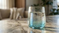 Clear glass filled with sparkling water bubbles on marble counter in modern kitchen interior for healthy lifestyle and hydration concepts.