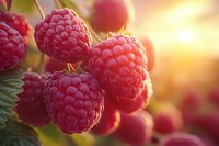 Fresh ripe red raspberries growing on bush with green leaves in warm golden sunlight. Organic summer berry harvest for healthy eating and cooking.