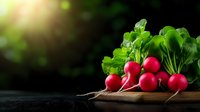 Fresh red radishes with green leaves on dark wooden surface against blurred garden background with natural sunlight and bokeh effect.