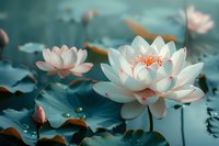 Delicate white lotus flowers blooming on turquoise water surface among green leaves, creating serene zen atmosphere for wellness and spa designs.