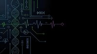 Medical technology interface with DNA strands, heartbeat monitor, circuit patterns on dark background for healthcare innovation presentations.