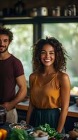 Young woman with curly dark hair and warm smile wearing mustard tank top stands in modern kitchen with man in burgundy shirt. Fresh vegetables and ingredients on counter suggest meal preparation or cooking together at home.