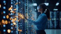 Asian female IT specialist in data center holding glowing digital visualization with server racks and bokeh lights in modern technology facility.