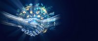 Business handshake with digital technology icons and data visualization representing partnership, collaboration and innovation in modern corporate world.