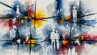 Abstract watercolor painting with vibrant splashes of blue, yellow, red and gray colors intersected by bold black lines creating dynamic geometric composition.