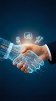 Business handshake with digital technology overlay showing financial growth icons and data streams representing partnership and innovation.