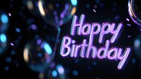 Glowing neon purple Happy Birthday text on dark background with blurred bokeh lights and festive sparkles creates magical celebration atmosphere.