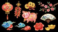 Lunar New Year clipart set with pig, lantern, firecrackers, coins, fan, peony, clouds, and cherry blossom, isolated on transparent background for t-shirts and print on demand.