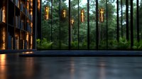 Modern luxury hotel exterior with glowing wall lamps against pine forest background at dusk, reflecting minimalist architecture and natural surroundings.