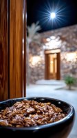 Traditional pasta dish served in rustic ceramic bowl with warm Mediterranean courtyard setting and dramatic star lighting creating cozy dining atmosphere.