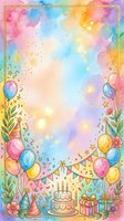 Watercolor birthday party frame with balloons, cake, gifts and confetti on rainbow background for celebration invitations and greeting cards.