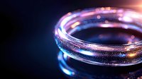 Glowing magical ring with sparkles and light effects on dark background, cosmic energy flow with purple and blue luminous particles and bokeh.