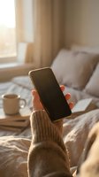 Woman holding smartphone with blank screen in cozy sunlit bedroom, warm morning atmosphere with coffee cup and books in background.