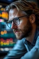 Caucasian male professional with beard and glasses in contemplative side profile against blurred city lights background, modern corporate lifestyle portrait.