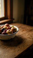 Fresh apples in white enamel bowl on rustic wooden table by window with warm natural light, ideal for food and lifestyle content.