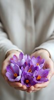 Person with fair skin holding vibrant purple crocus flowers with golden stamens in cupped hands, wearing neutral beige cardigan. Spring floral gift concept.