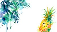 Tropical palm fronds with watercolor splashes and cheerful smiling pineapple character. Vibrant summer botanical design for greeting cards, invitations, and tropical-themed projects.