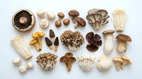 Assorted fresh and dried mushrooms including button, oyster, shiitake, and chanterelle varieties arranged on white background for culinary and food styling use.