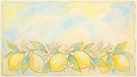 Bright yellow lemons with green leaves and delicate white blossoms arranged in a horizontal border on soft watercolor background. Suitable for kitchen decor, recipe cards, and culinary designs.