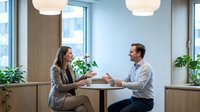 Professional business meeting between young Caucasian woman and man discussing documents at modern office table with plants and natural lighting.