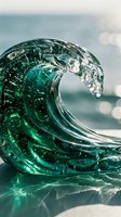 Translucent emerald green glass wave sculpture with intricate bubble patterns and flowing curves against soft blurred background for modern decor and artistic displays.