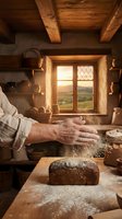 Artisan baker with weathered hands dusting flour over fresh loaf in rustic cottage kitchen with wooden beams, warm sunlight streaming through window, traditional bread-making craft.