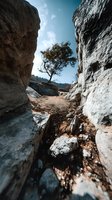 Lone tree growing between massive rock formations, viewed through narrow canyon passage against bright blue sky.