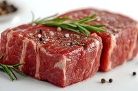 Raw beef tenderloin steaks seasoned with peppercorns and fresh rosemary sprigs on white surface, close up view showing marbling and texture of premium cut meat.