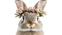Adorable brown bunny rabbit wearing spring flower crown with daisies and pink blossoms, close up portrait on white background, isolated for design use.