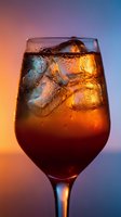 Refreshing cola drink with ice cubes in elegant wine glass against vibrant sunset gradient background with condensation droplets for beverage advertising.