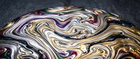 Abstract fluid art with swirling metallic gold, purple and white marbled patterns creating dynamic flowing waves on dark textured surface for luxury design.