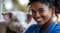 Young African American female veterinarian in blue medical uniform examining and caring for pink piglet at farm, showing genuine smile while providing professional animal healthcare.