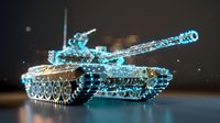 Futuristic military tank with glowing cyan wireframe and digital polygon structure on dark background, showcasing advanced technology concept.