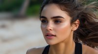 Young woman with flowing dark hair and natural makeup in black top gazes into distance during golden hour, wind swept hair creates dynamic movement. Soft bokeh background.