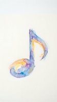 Watercolor musical note in vibrant rainbow hues of blue, purple, yellow and pink on white isolated background, suitable for music design projects.