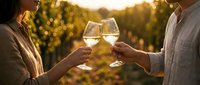Couple toasting with white wine glasses at vineyard during golden hour sunset, celebrating romantic moment among grapevines in warm evening light.