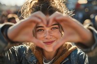 Young woman with freckles making heart shape with hands, smiling at camera in warm sunset light with crowd in background.