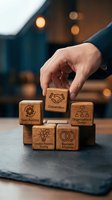 Caucasian male hand placing wooden block labeled Cooperation atop a pyramid of blocks showing team building and business alliance concepts.
