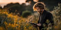 Young man with red hair using digital tablet in wildflower meadow at golden hour sunset, surrounded by yellow blooms and natural landscape.