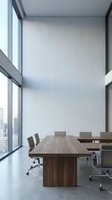 Modern minimalist conference room with wooden table and chairs, floor-to-ceiling windows overlooking city skyline for corporate meetings and presentations.