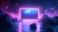 Futuristic neon portal glowing in cosmic landscape with floating rocks and purple nebula sky reflecting on water surface. Sci-fi fantasy digital art scene.
