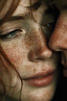 Close-up portrait of young Caucasian woman with freckles and green eyes in warm natural lighting for beauty and skincare concepts.