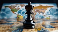 Black chess queen piece standing on world map background, symbolizing global strategy, business leadership and international competition in geopolitics.