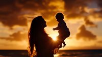 Young mother lifting baby against dramatic orange sunset sky, silhouetted figures create emotional moment at beach with sun glowing between them, long hair flowing in breeze.