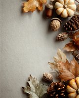 Autumn composition with mini pumpkins, acorns, pine cones and dried maple leaves on neutral beige background with copy space for seasonal design.
