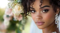 Young African American bride with curly hair and elegant makeup holding white rose bouquet, perfect for wedding photography and bridal beauty concepts.