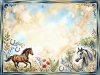 Watercolor horse frame with ornate botanical borders, horseshoes, and floral elements on cream background. Isolated design ready for invitations, cards, and equestrian projects.