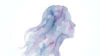 Watercolor silhouette of woman with flowing hair in purple and blue tones on white background, isolated for creative design projects.