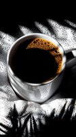Fresh black coffee with golden crema in white ceramic mug on textured blanket with dramatic lighting and shadow contrast.
