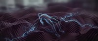 Glowing neon wireframe figure in dynamic running pose on dark textured surface, representing digital movement, technology, and motion graphics for design projects.